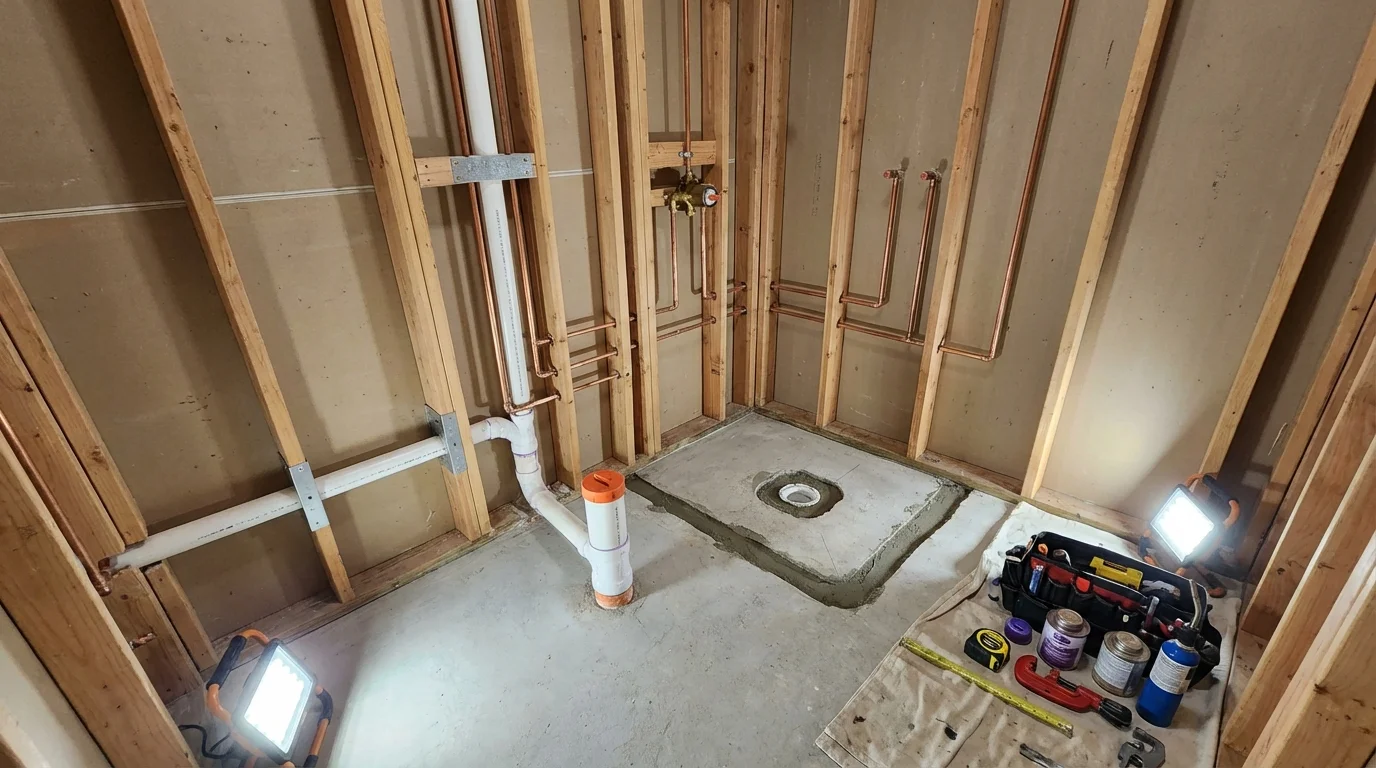 Bathroom rough-in plumbing during remodel by Johns Plumbing LLC in Lacombe