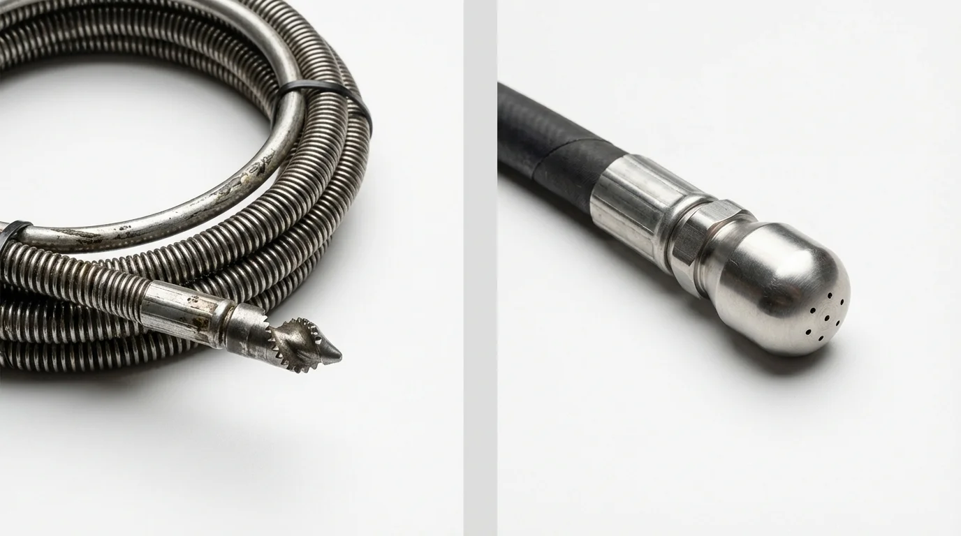 Drain snake cable and hydro jetting nozzle used for drain cleaning in Lacombe, LA