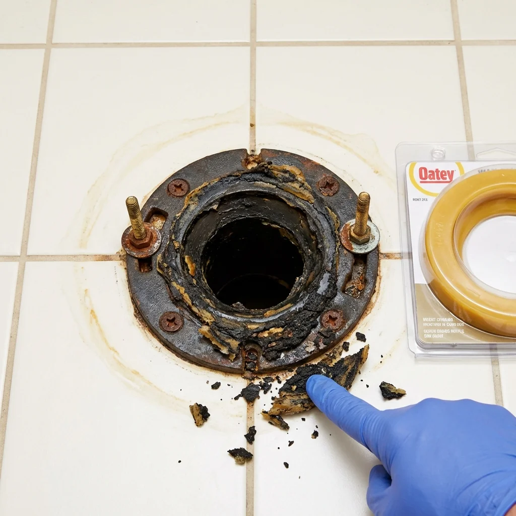 Failed wax ring showing water seepage at the base of a toilet in a Lacombe, LA home