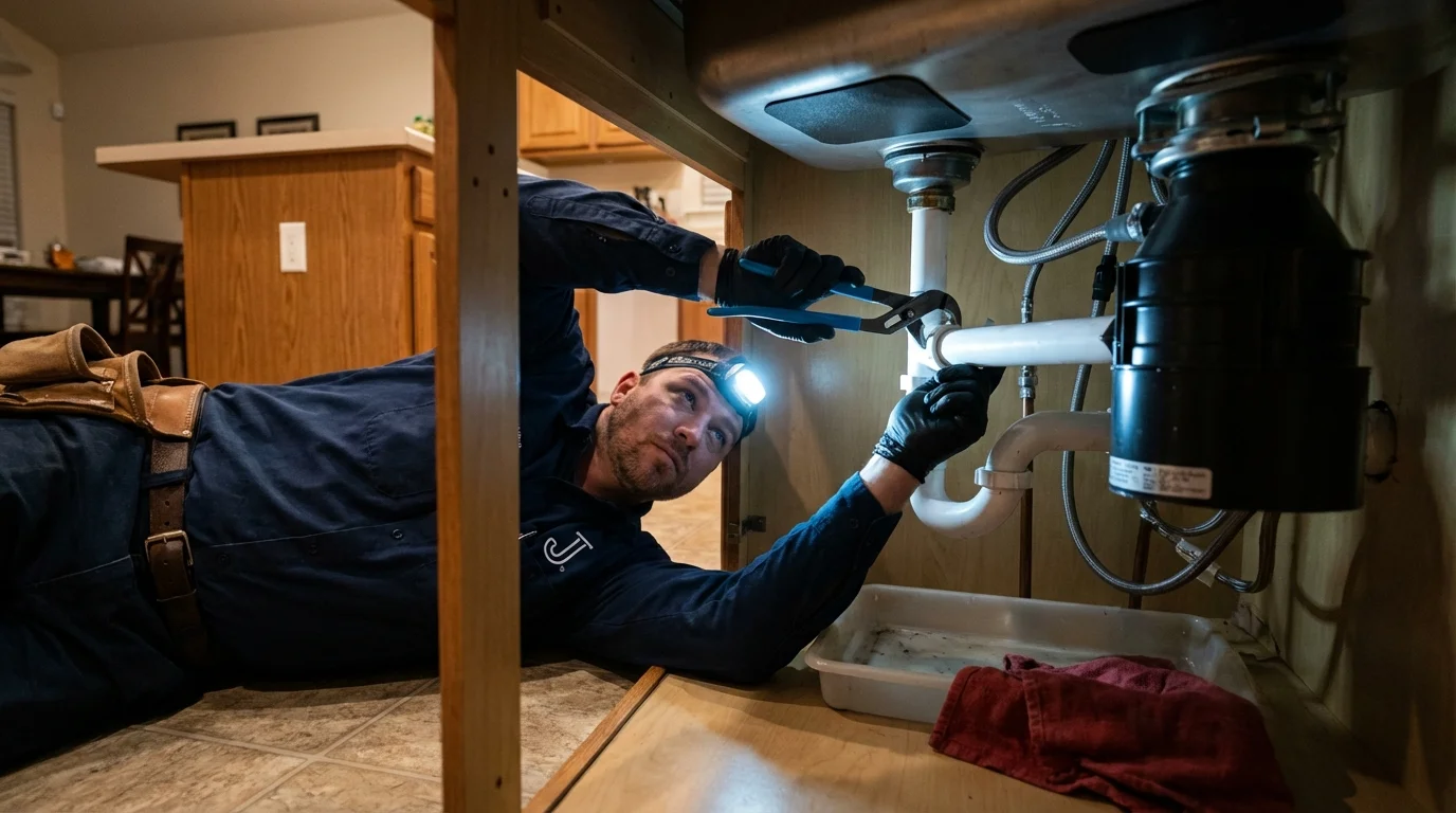 P-trap and supply line connections under a kitchen sink showing a common leak point in Lacombe, LA